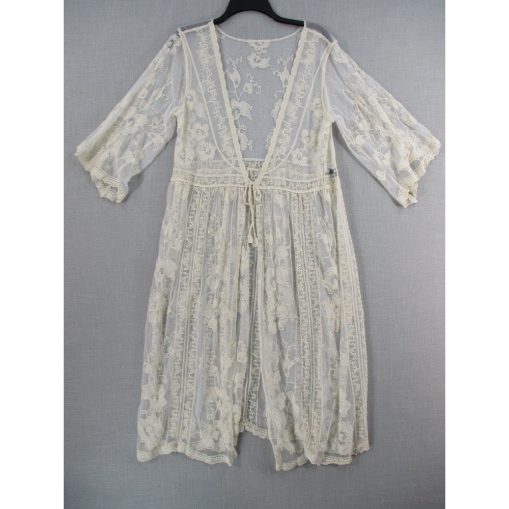 Cider Women Cream Floral Lace Sheer Kimono Duster Tie Front Cardigan